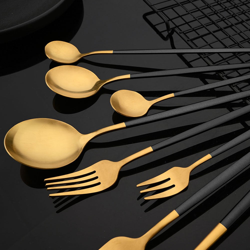 Talheres de Aço Inoxidável Preto Dourado Kit de Talheres Faca de Jantar Colher de Café Garfo Garfo de Salada Colher Faqueiro
