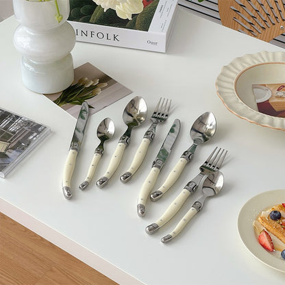 Conjunto 6 Peças Talheres Laguiole Branco Prata Facas Garfos Colheres Bife Conjunto Polimento Espelhado Coleção Inox Talheres Natal Colher de Chá