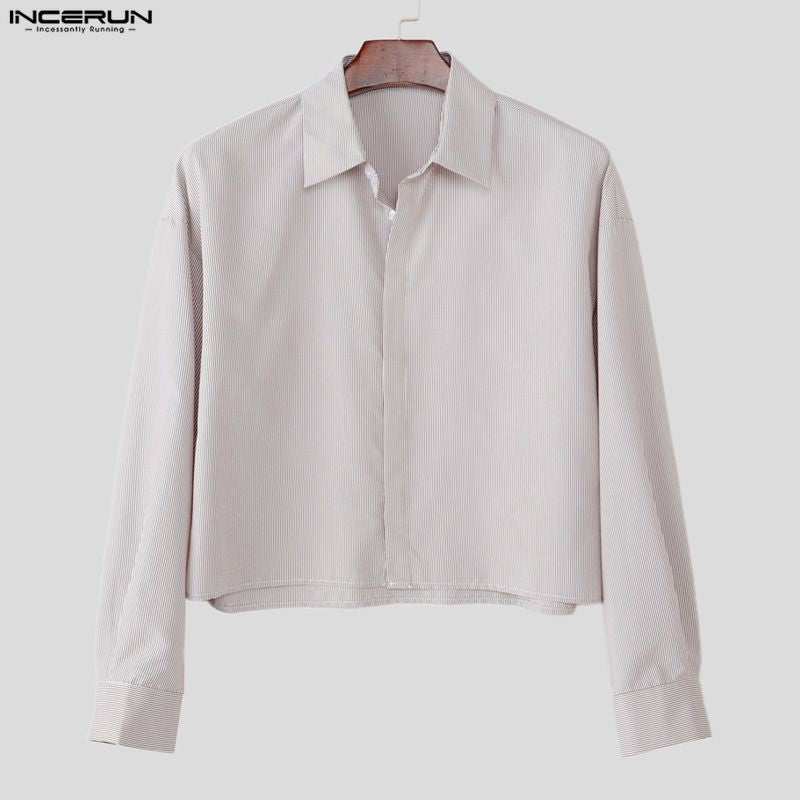INCERUN Men Shirt Striped Lapel Long Sleeve Loose Casual Men Clothing Streetwear 2025 Korean Style Fashion Crop Tops Men