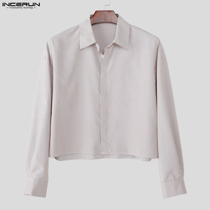 INCERUN Men Shirt Striped Lapel Long Sleeve Loose Casual Men Clothing Streetwear 2025 Korean Style Fashion Crop Tops Men