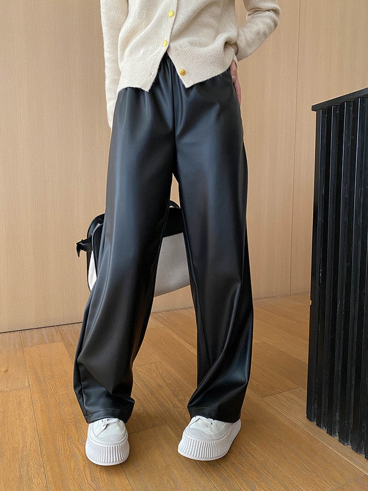 High Elastic Waist Coffee Pu Leather Long Wide Leg Pants New Trousers Women Fashion Tide Spring Autumn