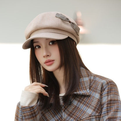 Retro Wool Bow Beret Solid Color Warm Painter Hat Versatile Y2k Newsboy Hat Female