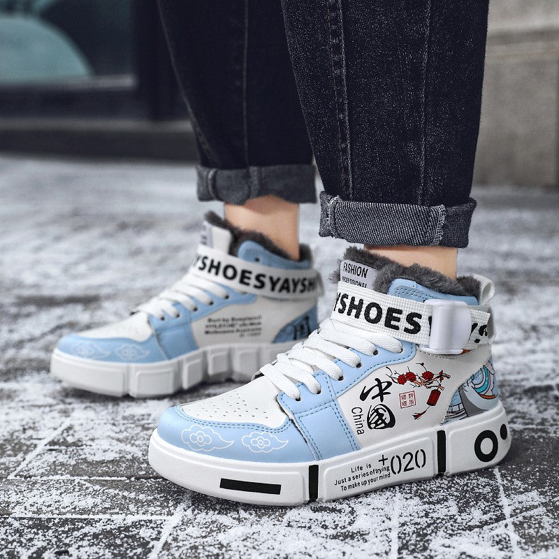 Mens Board Shoes 2025 Winter New High Top Winter Warm Casual Sports Shoes Flat Cotton Comfortable Outdoor Walking Shoes for Men