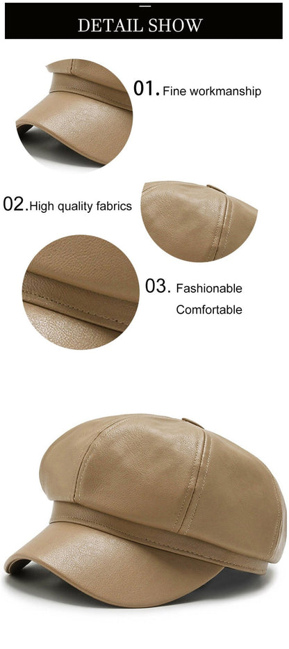 Chapéu Octagonal de Couro para Outono e Inverno Estilo Britânico Retrô Casual Boina Feminina Fofa da Moda Versátil