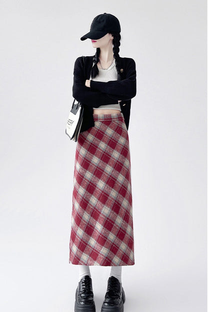2025 Autumn Vintage Woolen Plaid Skirts Lady Elegant High Waist Slimming A-Line Skirt Women Korean Streetwear Slit Long Skirt
