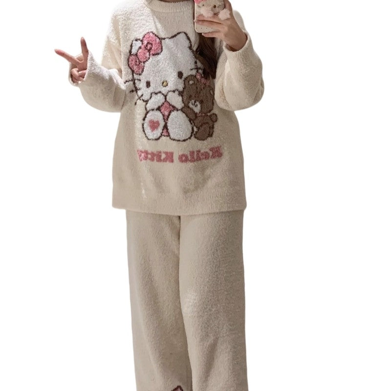 Hello Kitty Women's 2025 Kawaii Brushed Fleece Pajama Set Fall Winter Plush Thermal Cozy Sleepwear & Home Loungewear
