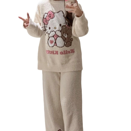 Hello Kitty Women's 2025 Kawaii Brushed Fleece Pajama Set Fall Winter Plush Thermal Cozy Sleepwear & Home Loungewear