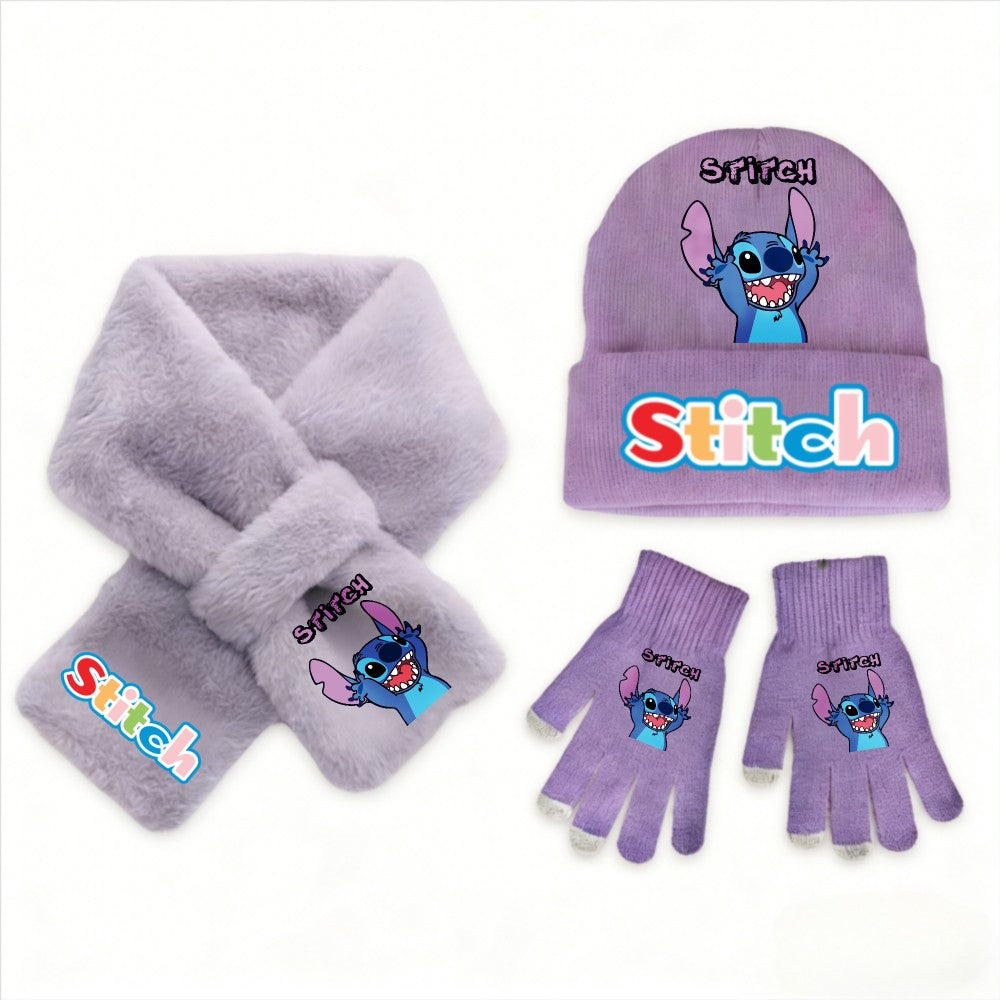 Conjunto de 3 peças de chapéu, cachecol e luvas de malha de inverno Stitch Disney Kawaii quente para meninas Acessórios casuais de moda infantil presente de Natal perfeito