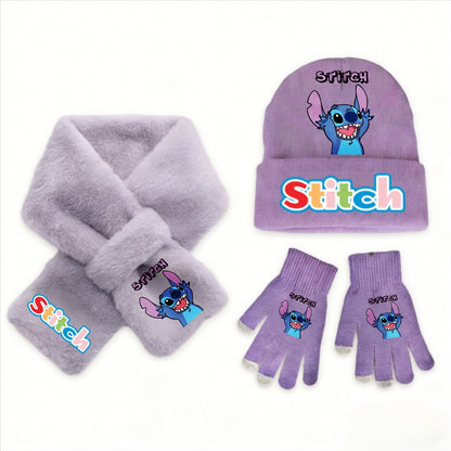 Conjunto de 3 peças de chapéu, cachecol e luvas de malha de inverno Stitch Disney Kawaii quente para meninas Acessórios casuais de moda infantil presente de Natal perfeito