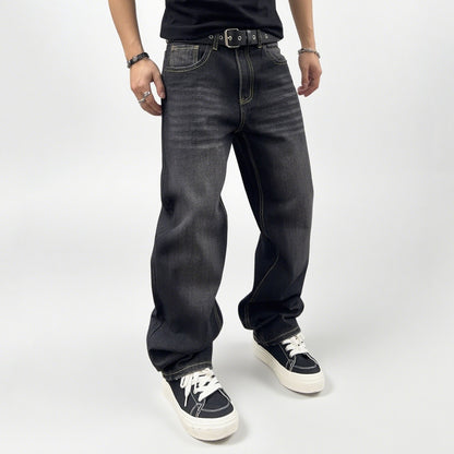 Men's Autumn Black Classic Loose Straight leg Jeans 2025 Retro Washed Basic Denim Pants Winter Business Casual Baggy Jeans