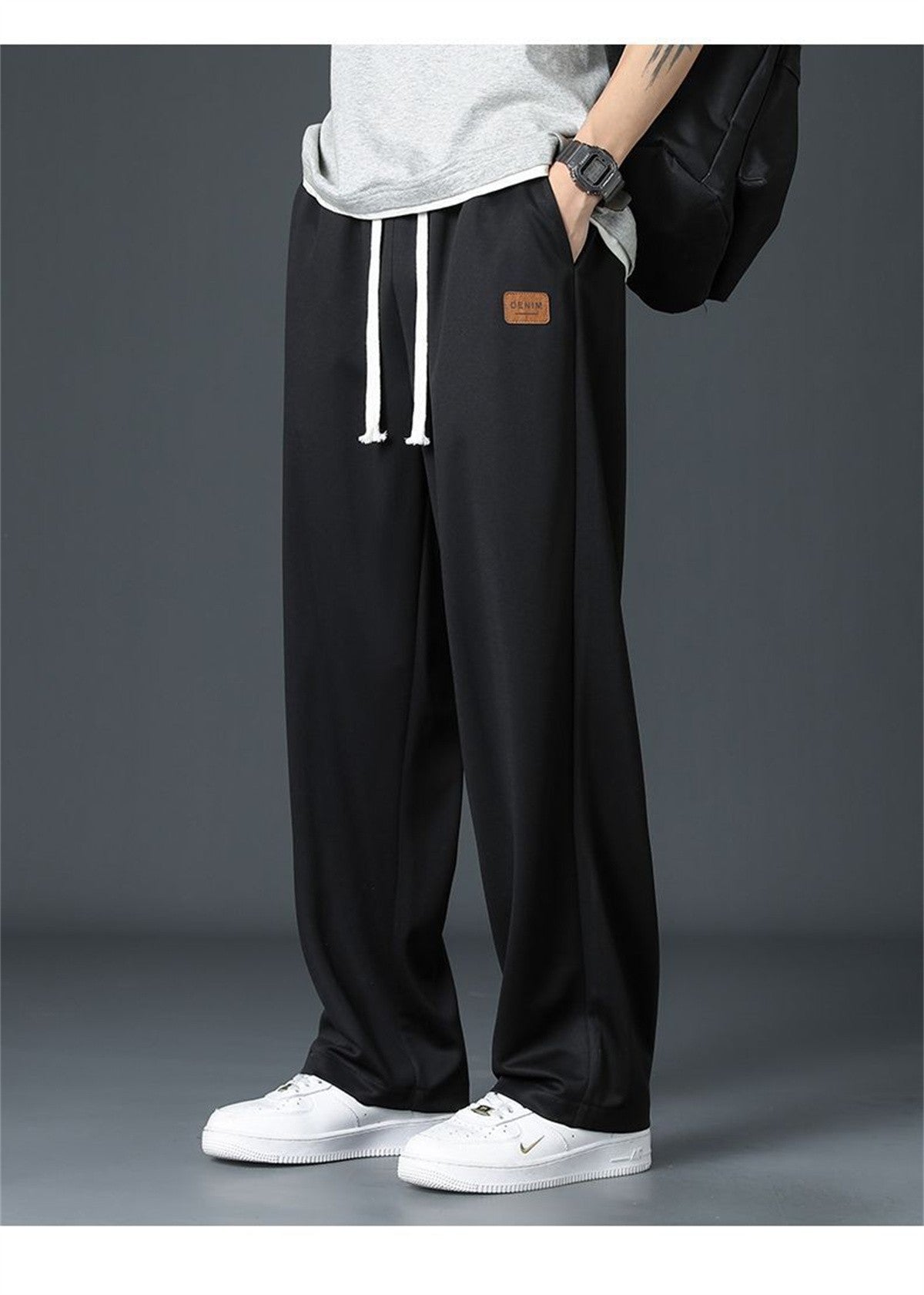Calça Reta Preta Masculina, Calça Casual de Verão de Perna Larga Harajuku Estudantil, Calça de Rua, Moletom Cinza Descolado