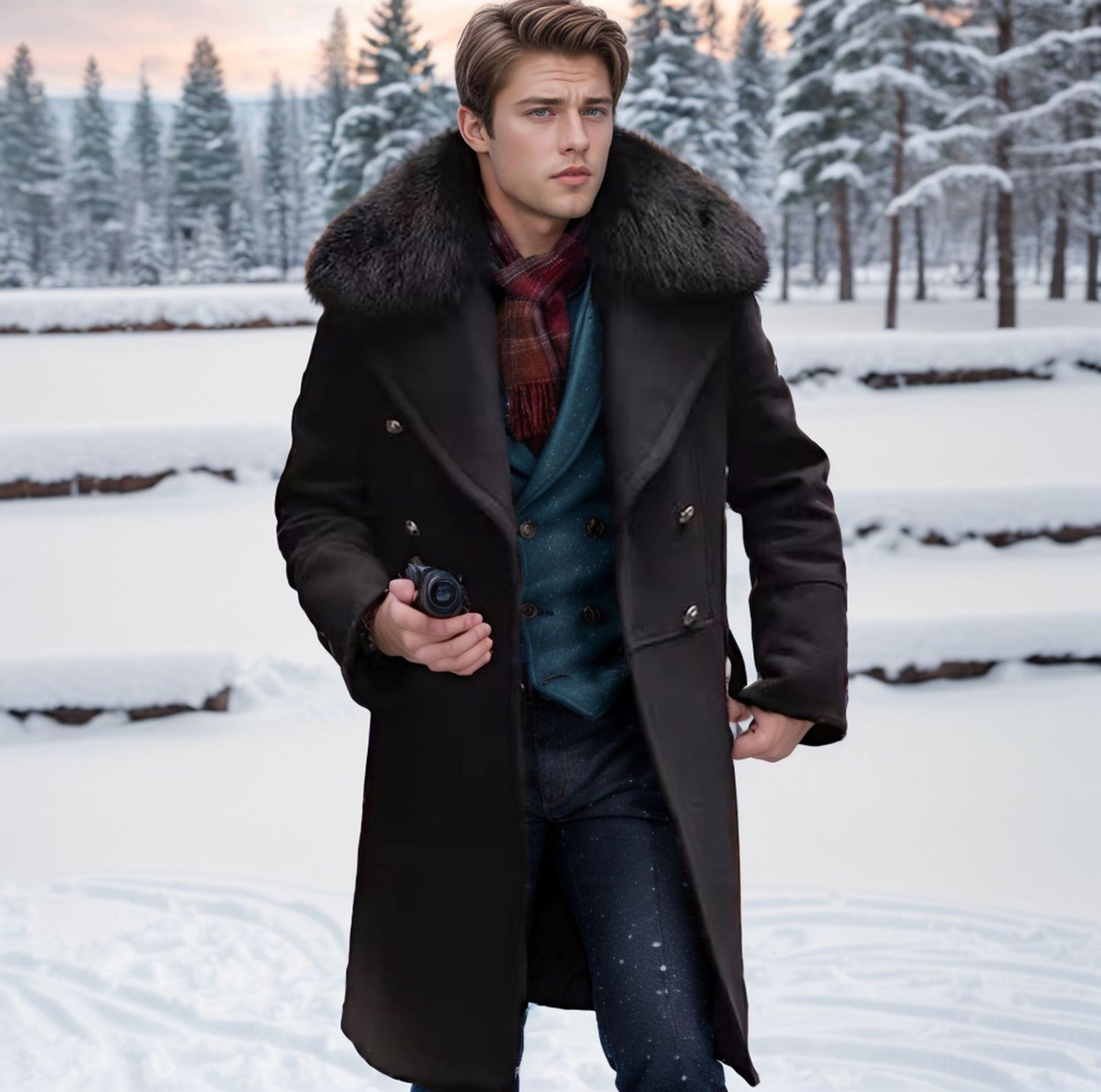 European and American Men's Casual Woolen Coat for Autumn and Winter, Young Men's Double-breasted Fur Collar Overcoat S-5XL