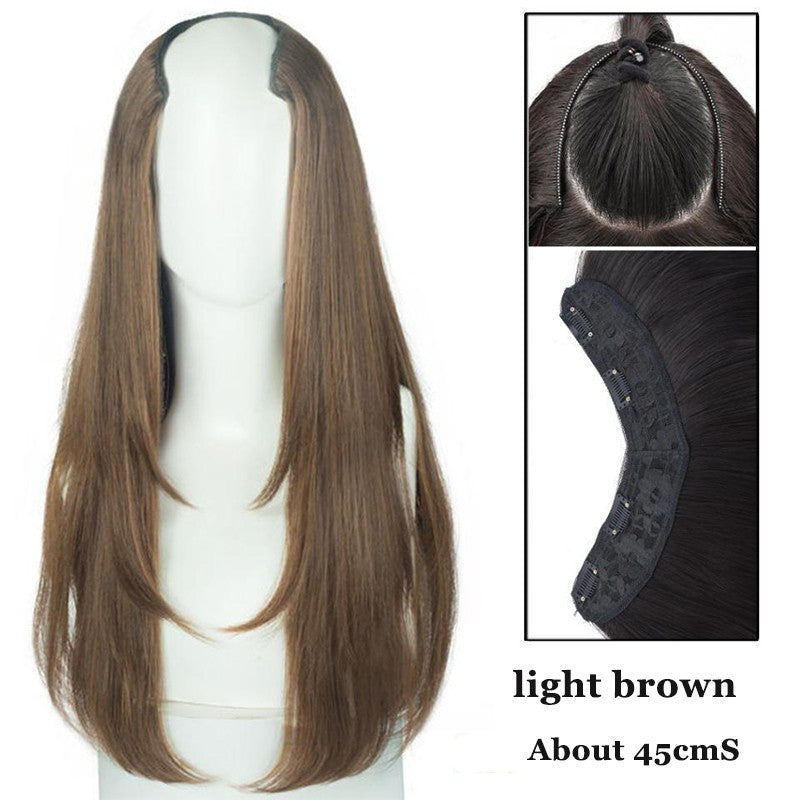Peruca feminina com botão interno de peça única, cabelo encaracolado longo em camadas, aplique em V