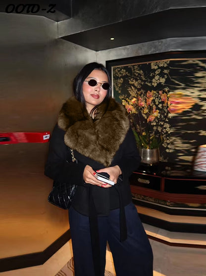 Elegant Faux Fur Lace Up Woolen Coat Women Shawl Collar Belted Waist Full Sleeve Coats Female Autumn Winter Fashion Lady Outwear