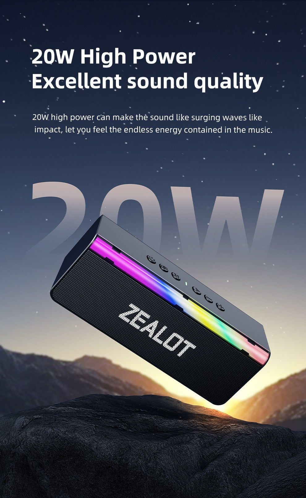 Caixa de Som Bluetooth Externa Zealot-S72 20W Som Superior e Graves IPX6 À Prova d'Água 10H de Reprodução Caixa de Som Portátil