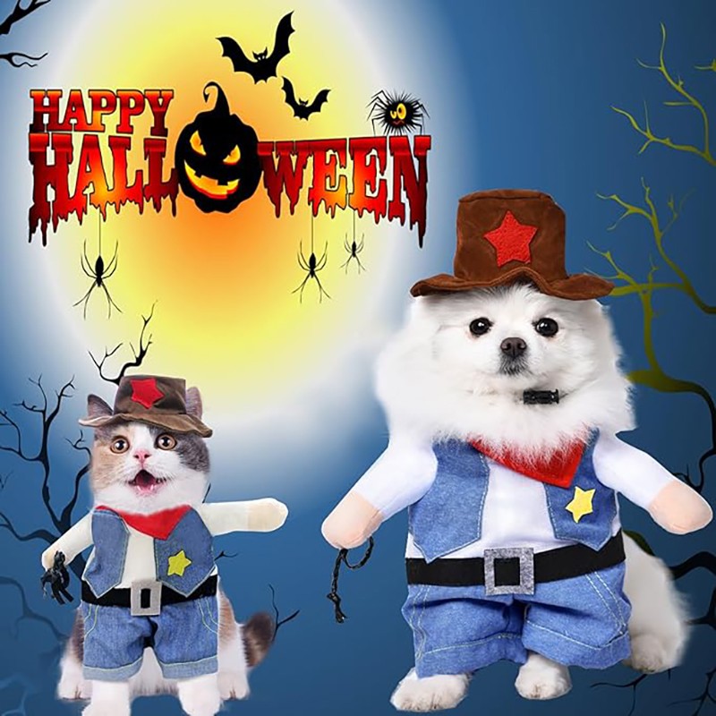 Fantasia de Cowboy com Chapéu para Gatos e Cães Pequenos Roupa Engraçada de Halloween para Gatos e Cães Pequenos