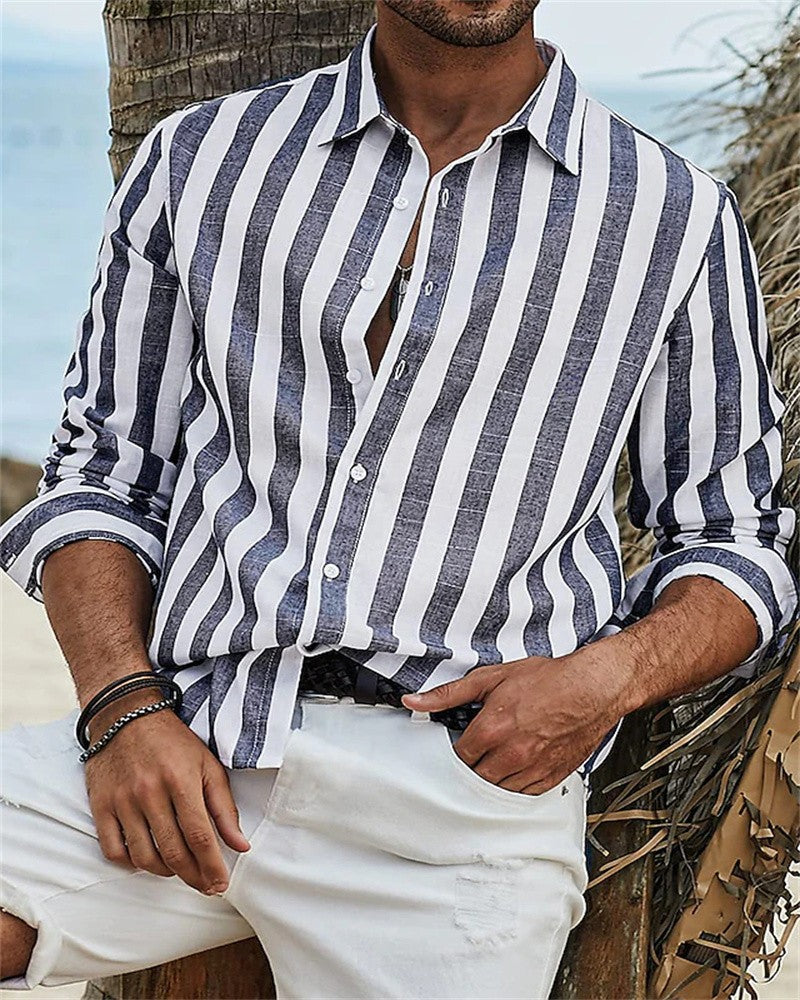 Men's Long Sleeve Blue Stripe Print Shirt Mens Social Luxury Men's Wear Hawaiian Elegant Classic Fashion High Quality Casual Tee