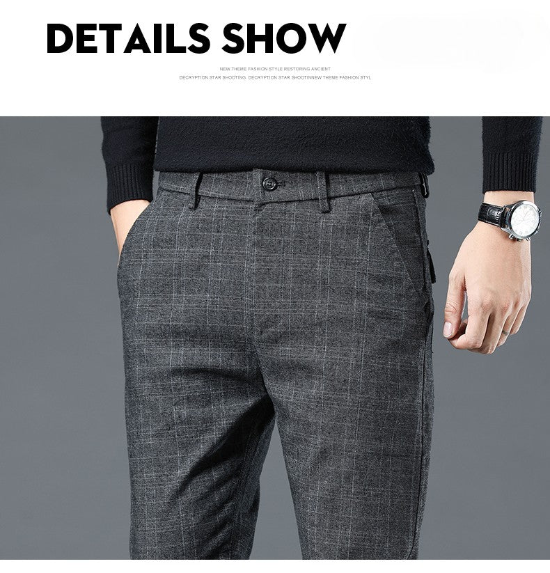 Autumn Winter New Fleece Thickened Casual Pants Men Business Straight Slim Plaid Pants Black Gray Men's Warm Trousers