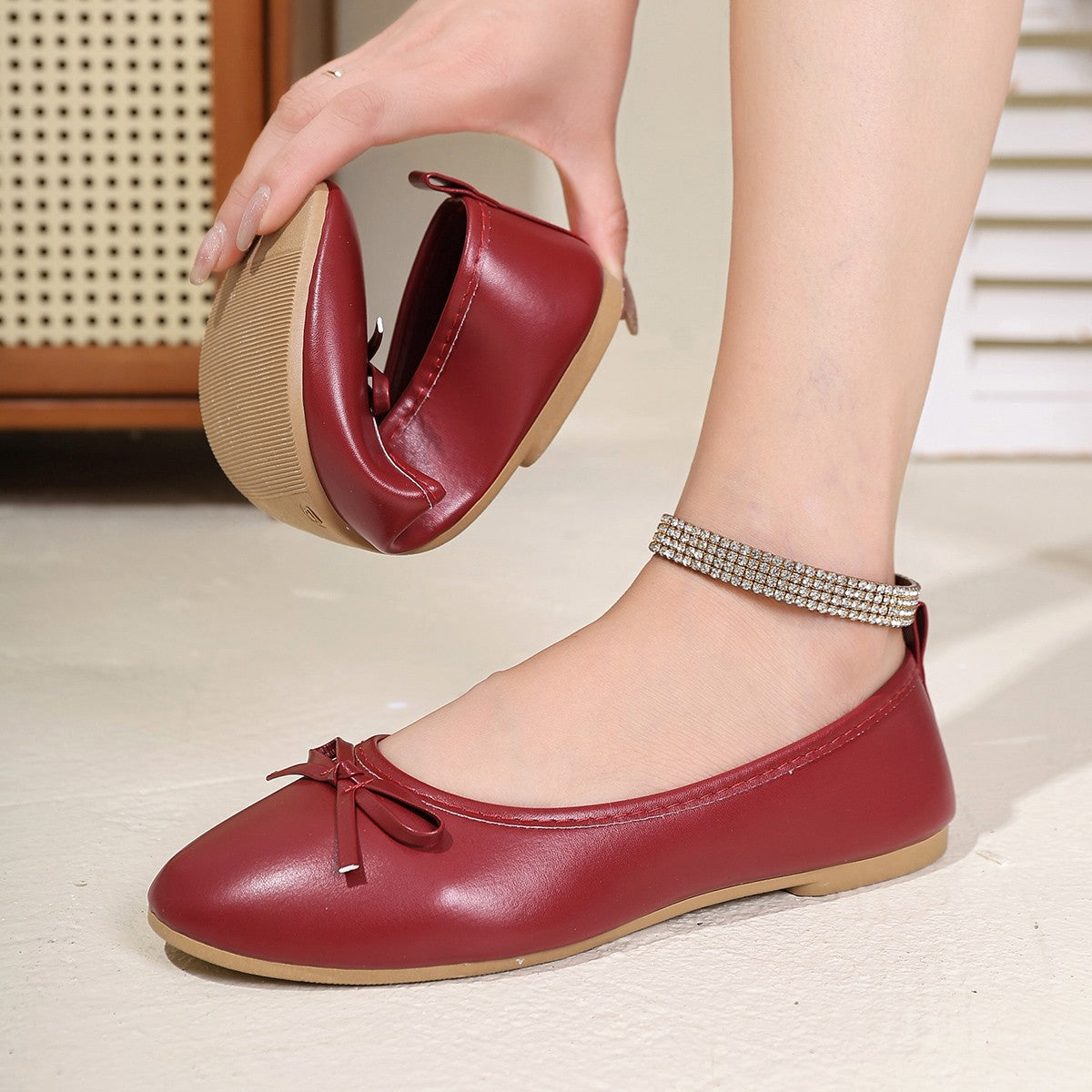 Women's Elegant Red Ballet Flats Spring Summer New Versatile Low Top Comfort Soft Lightweight Bow Detail Slip On Work Shoes