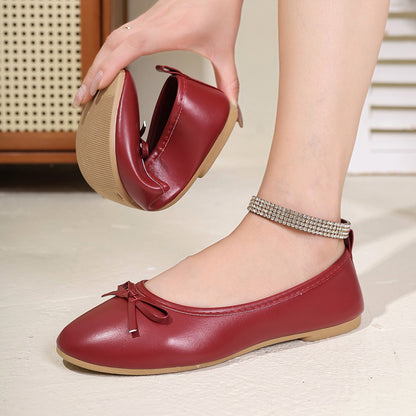 Women's Elegant Red Ballet Flats Spring Summer New Versatile Low Top Comfort Soft Lightweight Bow Detail Slip On Work Shoes