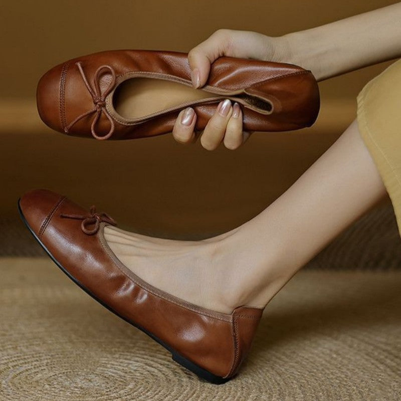 Mary Jane Women Loafers Hand Stitch Casual Streetwear Ballet Flats Soft Sole Solid Color Women Shoes Comfy Round Head Bow Shoes