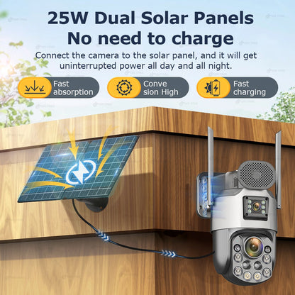 Câmeras de segurança solares externas 4K, 4G SIM, 2 lentes/tela, zoom óptico de 60x, rastreamento automático, PTZ 360°, câmera IP para vigilância residencial
