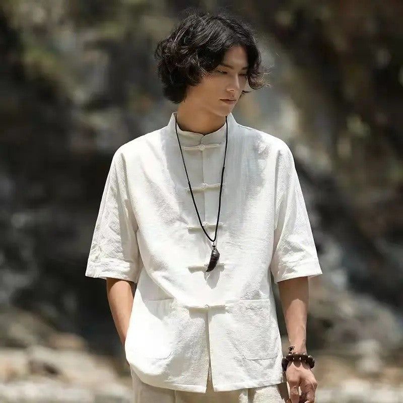 Chinese Style Linen Shirt with Button Design Cotton Linen Spring Autumn New Style Men's Retro Shirt Casual Summer Top