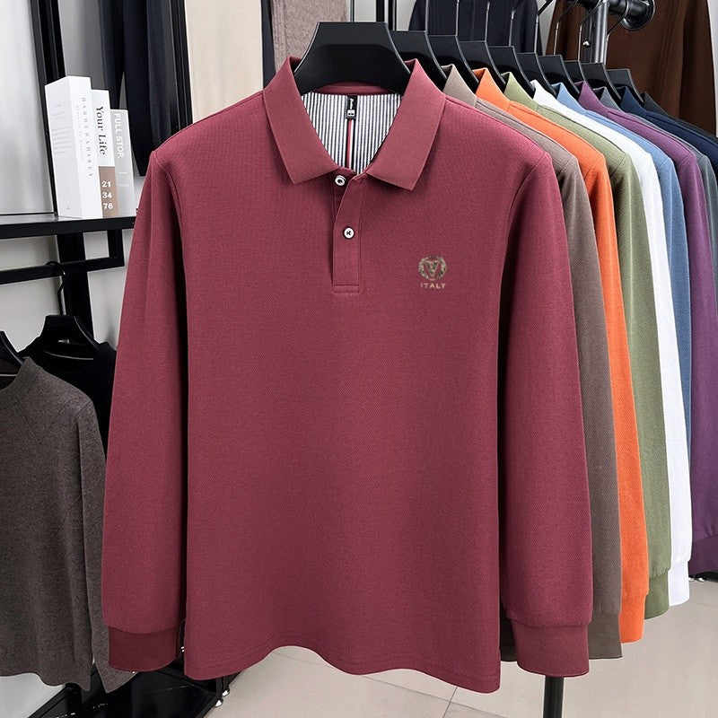 100% pure cotton spring and autumn fashionable men's lapel striped long sleeved polo shirt brand letter V relief design casual T