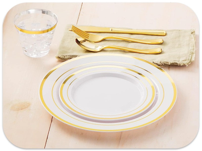Conjunto de Louça Descartável para Festa Prestee com 600 Peças para 100 Convidados, Talheres Dourados Descartáveis com Pratos, Copos, Facas, Garfos e Colheres