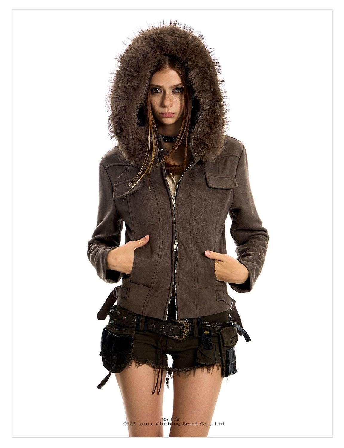 American hot girl big fur collar slim short jacket for women buckskin velvet waist slimming hooded cardigan sweatshirt