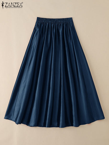2025 Stylish Autumn High Waist Party Satin Skirts ZANZEA Women Jupe Plus Size Solid A-line OL Work Faldas Saia Maxi Long Skirt