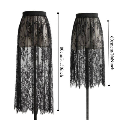 Fashion Transparent Sexy Lace Mesh Skirt Elegant 2 Length Midi Skirt Elastic High Waist Ladies Womens Skirt Ladies