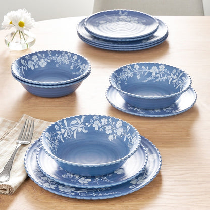 12 Piece Bamboo Melamine Dinnerware Set Floral Design Dishwasher Safe Plates Bowls Vintage Scalloped Edges Ideal Entertaining