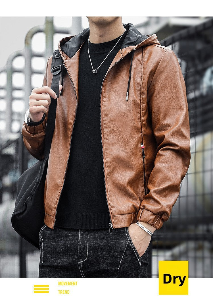 2025 Trending Men's Leather Jacket, Hooded Slim Fit Korean Style Biker Casual Coat