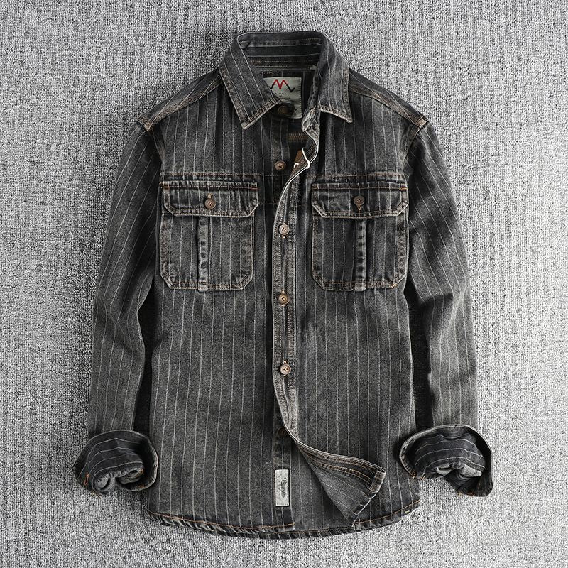 Heavy British retro black gray striped denim shirt for men new autumn end single cargo pocket shirt coat