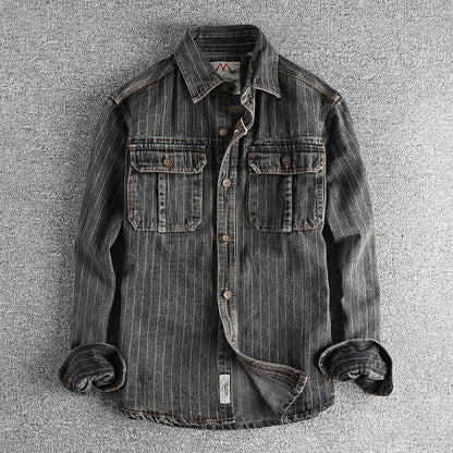 Heavy British retro black gray striped denim shirt for men new autumn end single cargo pocket shirt coat