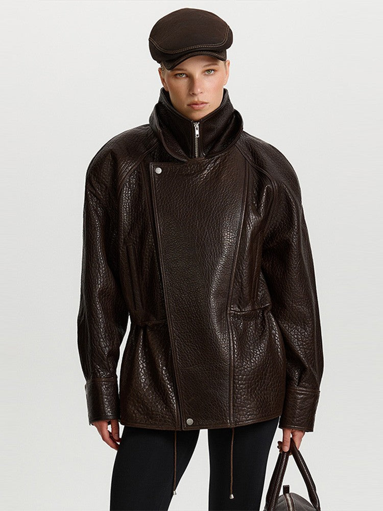 Autumn Fashion Standing Collar Women's Leather Jackets Windproof Loose Fold Coats Locomotive Style High Street Outdoors Clothes