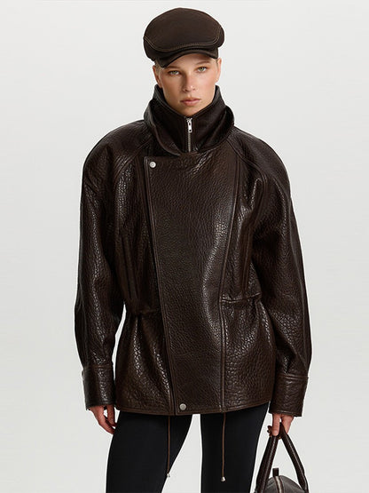 Autumn Fashion Standing Collar Women's Leather Jackets Windproof Loose Fold Coats Locomotive Style High Street Outdoors Clothes