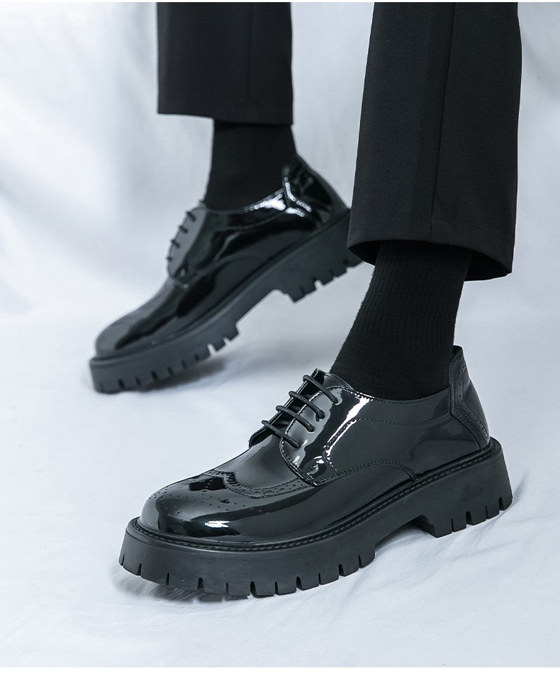 Leather shoes men's thick soles increase British style Brock business dress black senior sense wedding groom shoes 46 yards