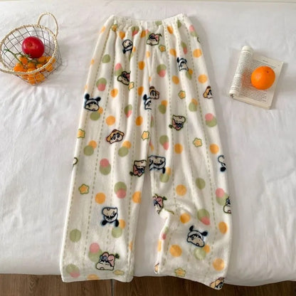 Yuguigou Flannel Sleeping Pants For Women Thickened Coral Fleece Pants For Autumn And Winter Cute Student Warm Plush Home Pant