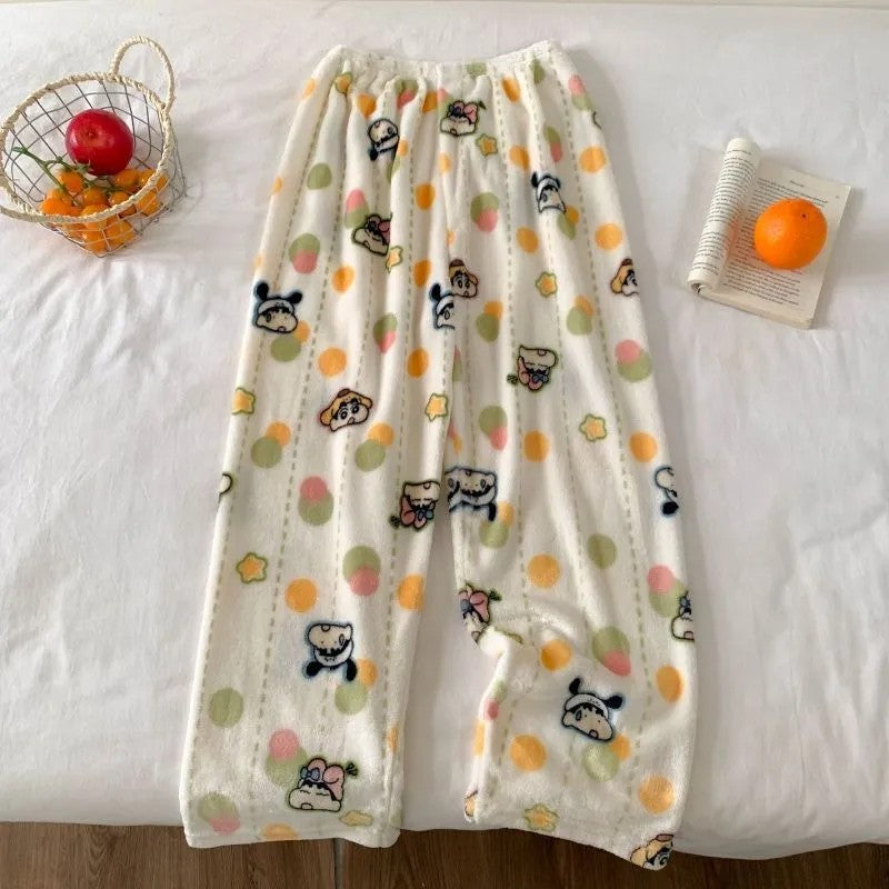 Yuguigou Flannel Sleeping Pants For Women Thickened Coral Fleece Pants For Autumn And Winter Cute Student Warm Plush Home Pant