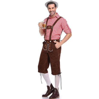 Germany Oktoberfest Costumes Adult Men Traditional Bavarian Beer Shorts Outfit Overalls Shirt Hat Suspenders Set Halloween Cloth