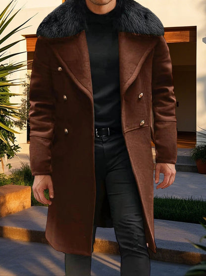 Men s Classic Double Breasted Trench Coat with Removable Fur Collar Mid-Length Wool Blend Overcoat for Winter Warmth