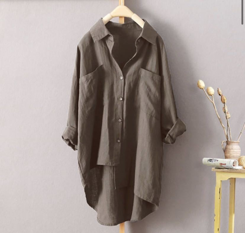 Women's Solid Color Shirt Large Size Long Sleeve Pockets Loose Blouses Front Short Back Long Casual Street Tops Women