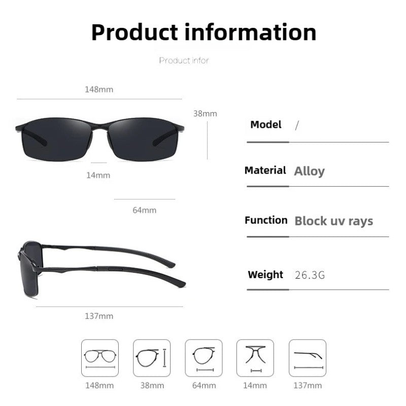 Óculos de Sol Polarizados com Armação de Metal e Lentes Fotocromáticas, Visão Noturna, Adequados para Esportes, Ciclismo, Pesca, Condução e Acampamento