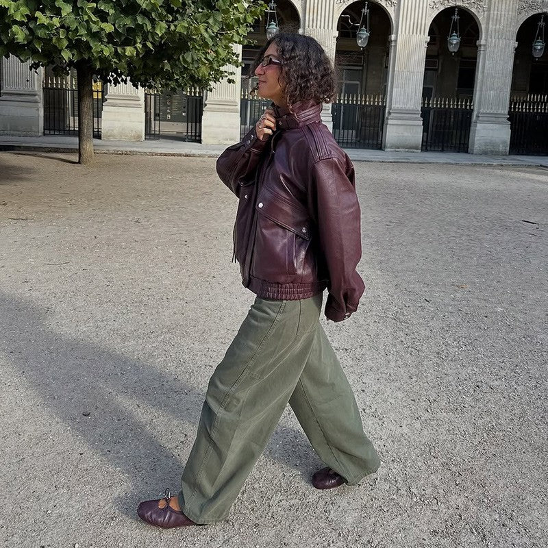 Fashion PU Leather Stand Up Coat for Women Casual Long Sleeve Zipper Lady Jackets 2025 Autumn New Female Outerwear High Street