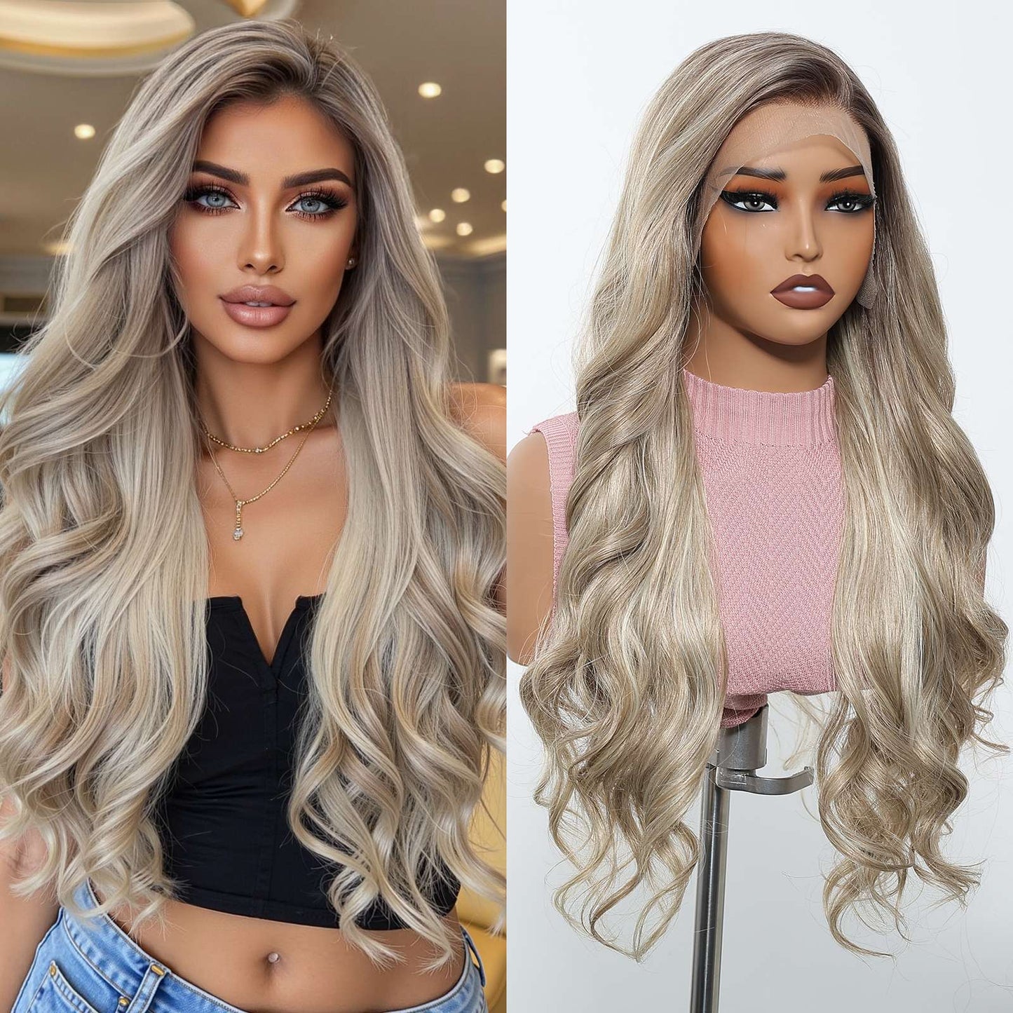 HENRY MARGU Peruca Frontal Lisa Ondulada Marrom Mista Longa Peruca Sintética Natural Ondulada 13x4 Frontal de Renda Cabelo Falso para Mulheres Raiz Escura