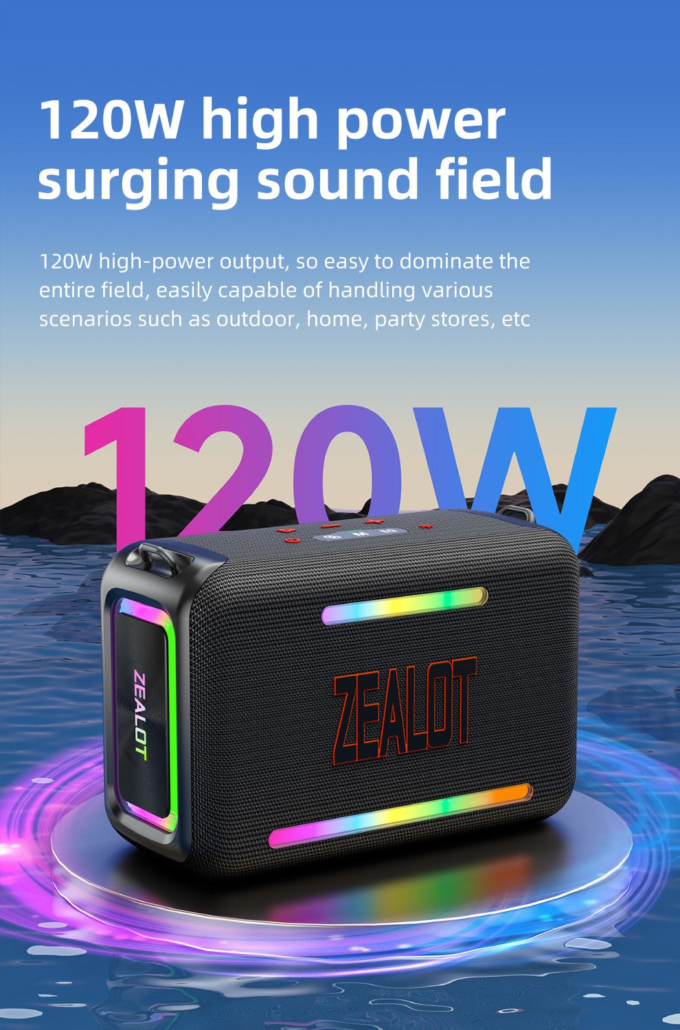 Caixa de Som Bluetooth Portátil à Prova D'água ZEALOT-S95, Boombox Sem Fio para Exterior, Subwoofer com Radiadores Passivos Triplos, Graves Profundos, 120W
