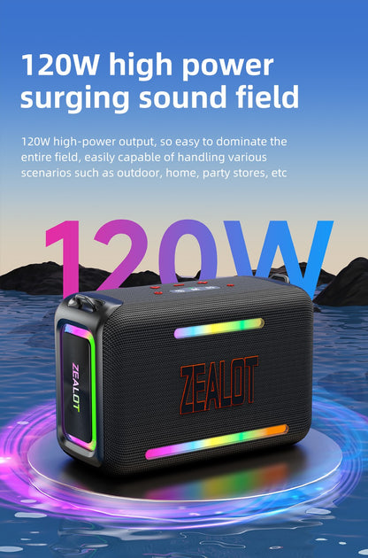 Caixa de Som Bluetooth Portátil à Prova D'água ZEALOT-S95, Boombox Sem Fio para Exterior, Subwoofer com Radiadores Passivos Triplos, Graves Profundos, 120W