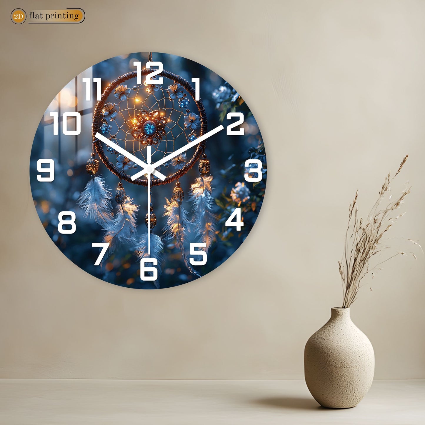 Bohemian Dreamcatcher with Feathers Wall Clock, Bedroom Living Room Decor, Silent Quartz Movement Artistic Timepiece